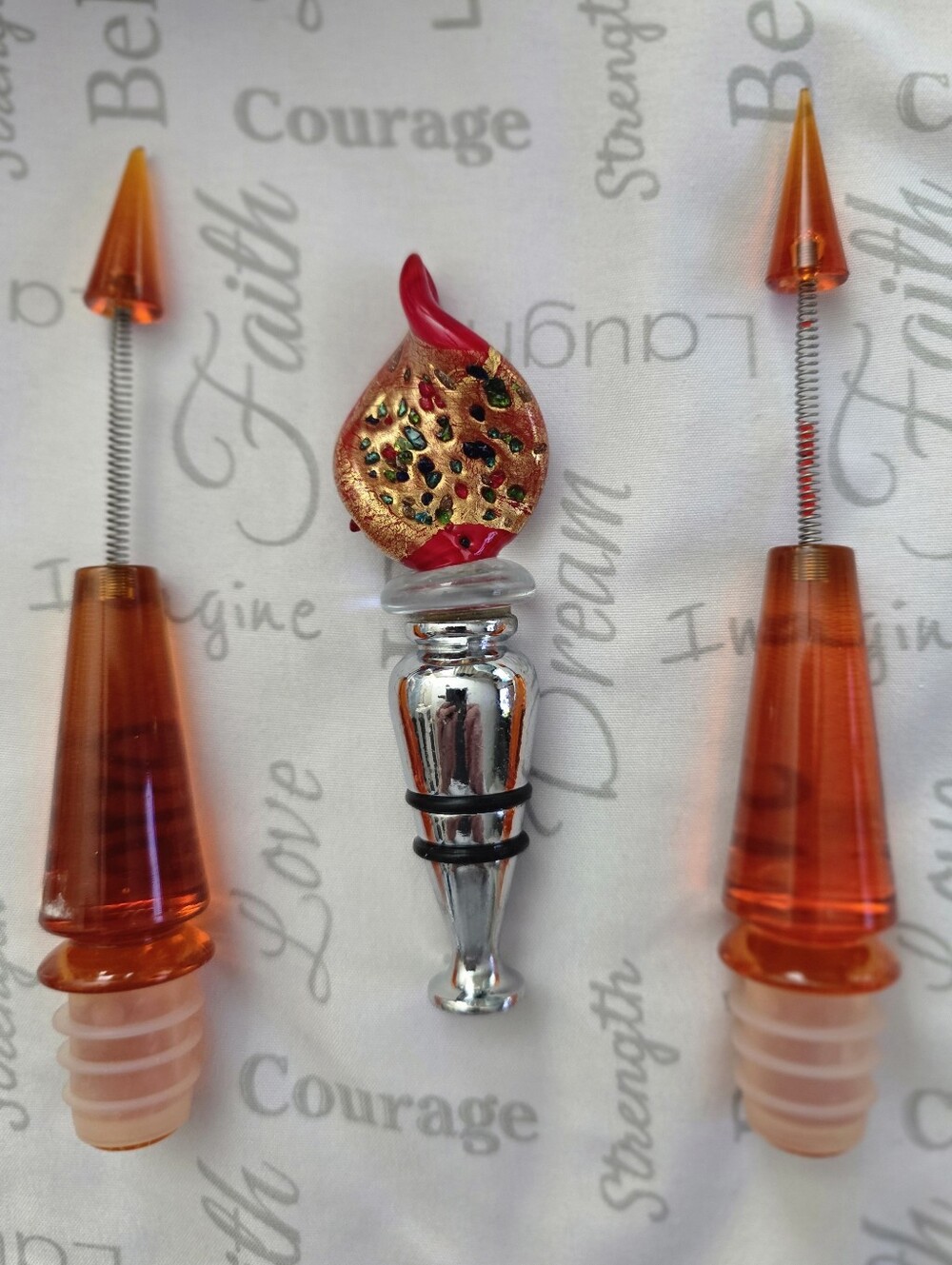 3 Pc Orange Glass Wine Stopper Set - Handcrafted Bar Accessory